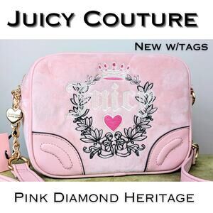 NEW Juicy Couture Pink Diamond Heritage Crossbody Bag Velour Embroidered Heart
